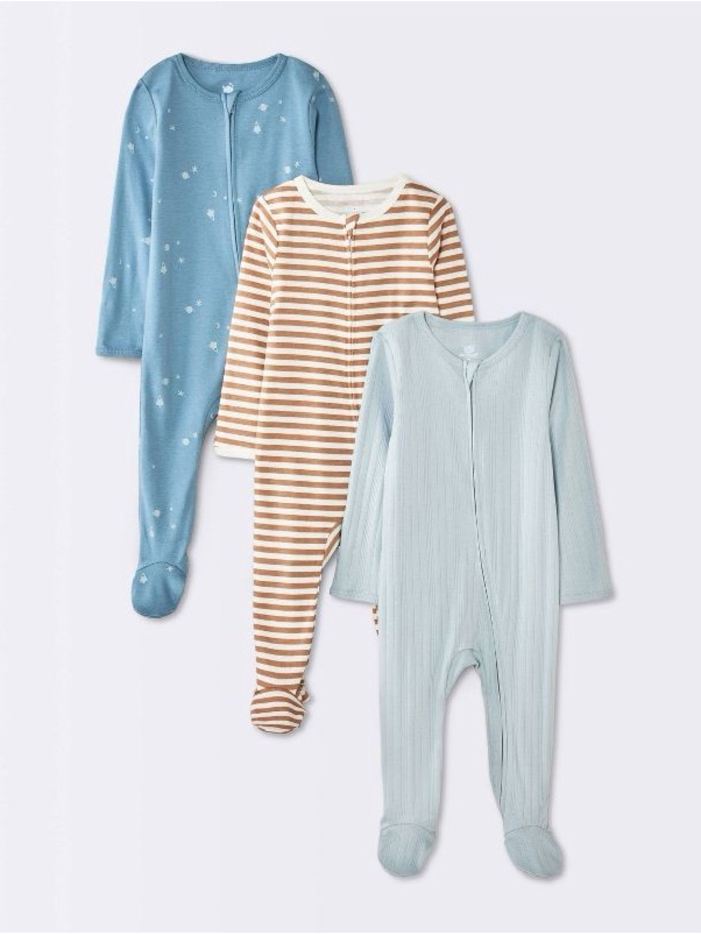 3-Pack Baby One-Piece Footed Sleepers in Blue, Light Blue and Brown Stripe